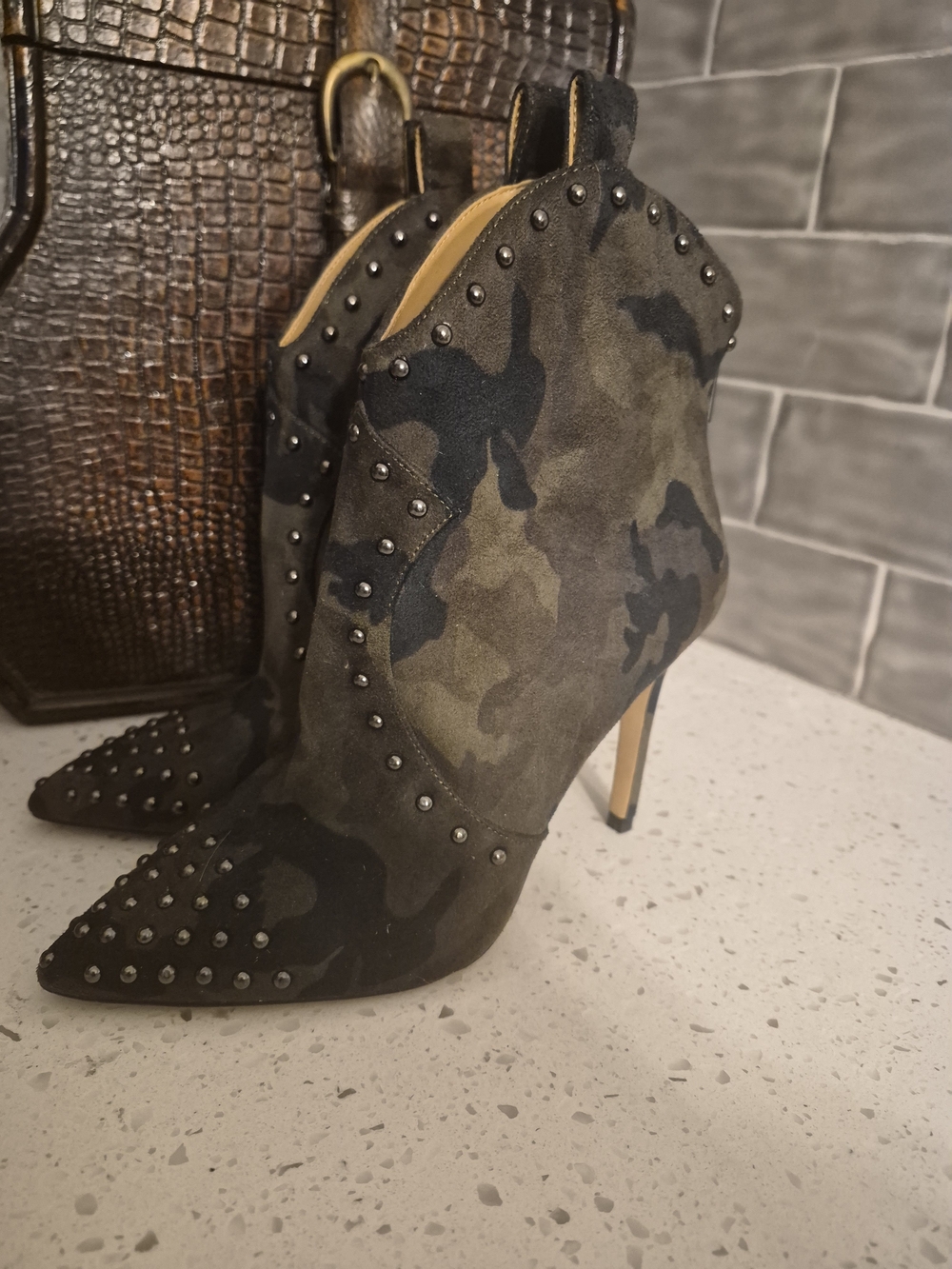Jessica Simpson Camouflage Studded Pointed Toe Ankle Booties - Green Black